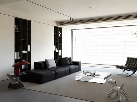  现代极简客厅 简约客厅 沙发茶几组后 装饰柜 书架 茶几 地3d模型 