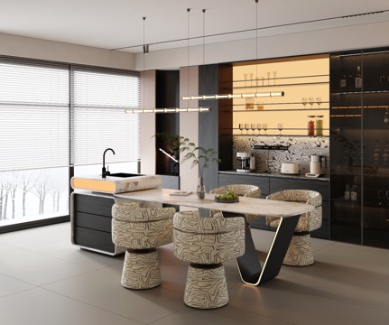  意式开放式餐厅 现代轻奢岛台餐厅3d模型 