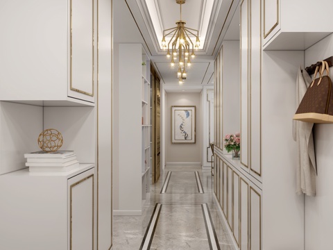  简约法式过道  吊灯 挂画摆件3d模型 