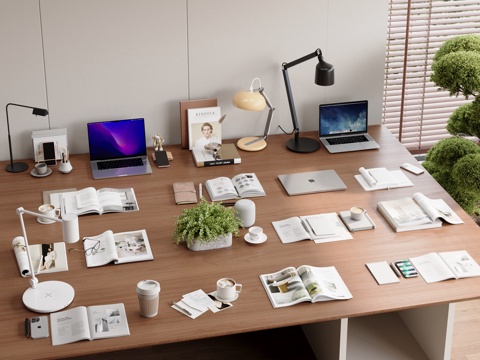  现代办公用品组合书笔记本台灯3d模型 