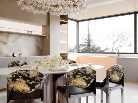  现代轻奢餐厅 平层餐厅 餐桌椅组合 吊灯 边柜3d模型 