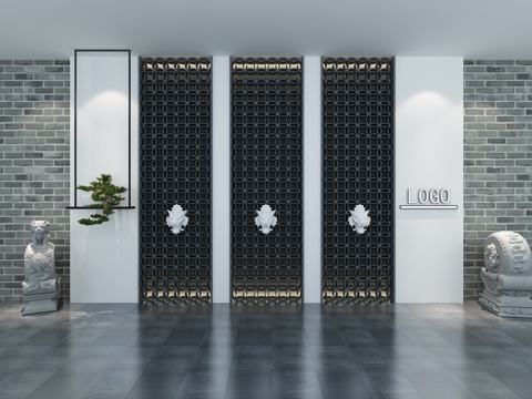  背景墙 形象墙 新中式背景墙 迎客松 抱鼓石 龙头 板瓦3d模型 