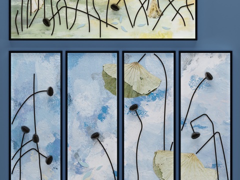  新中式实物枯莲蓬壁画 莲花荷叶装饰画 挂画3d模型 