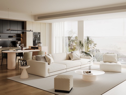 现代奶油风客餐厅 沙发茶几组合 餐桌椅 餐边柜su模型