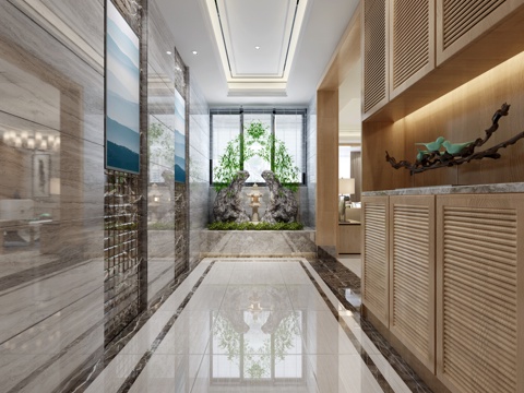  新中式客餐厅 玄关  餐桌椅 吊灯 沙发茶几3d模型 