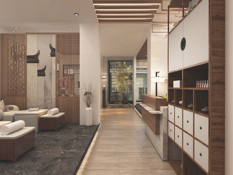  新中式美甲店 置物柜 接待台 禅意摆件 美甲桌 中式小景3d模型 