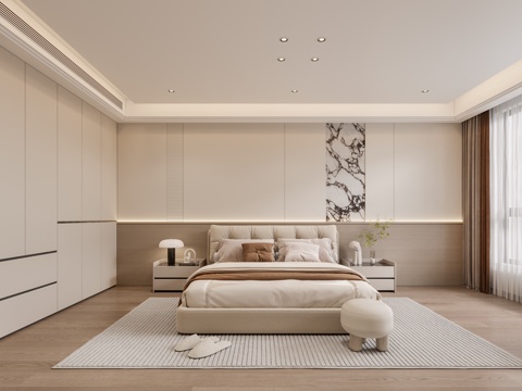  现代卧室 双人床 床头柜 衣柜 窗帘3d模型 