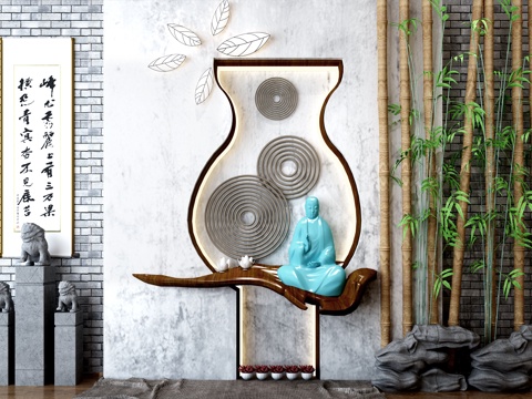  佛龛 挂画 绿植 竹子 石头摆设 狮子摆设 花瓶3d模型 