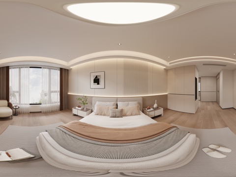  现代卧室 双人床 吊灯 窗帘 衣柜 