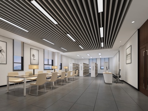  现代图书馆 阅览室 书桌椅 书架 挂画 前台3d模型 