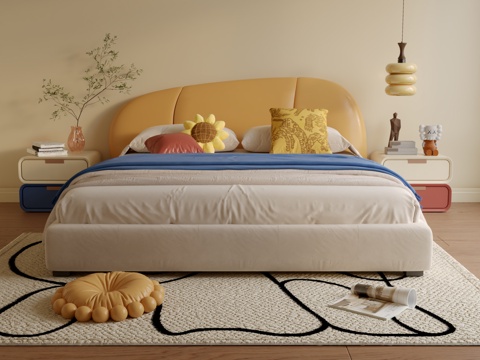  奶油风儿童双人床3d模型 