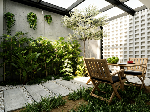  侘寂风禅意户外休闲角落 阳台花园 秋千折叠椅 石板路 开花树3d模型 