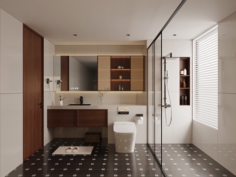 中古风卫生间 浴室柜 卫浴用品 淋浴su模型