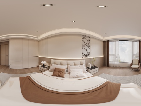  现代卧室 双人床 床头柜 衣柜 窗帘 