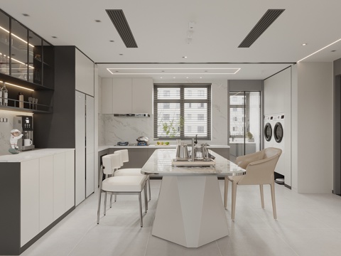  现代奶油风厨房 开放式厨房 餐厅 酒柜餐边柜 餐桌椅组合3d模型 