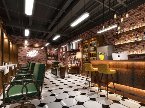  工业风美发店 工业风理发店 美式理发店3d模型 