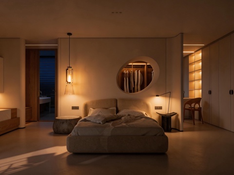 现代卧室 布艺双人床 实木衣柜 床头柜 现代灯饰su模型