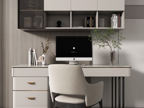 现代简约书桌椅 书桌 吊柜 椅子 摆件组合su模型