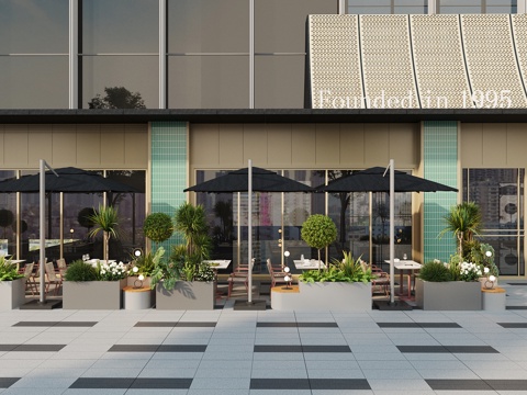 现代餐饮饭店 酒店 室外餐饮外摆 户外家具餐桌椅 绿植花箱种su模型