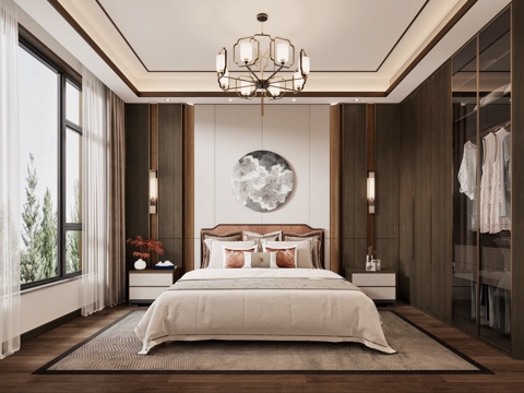  新中式卧室主卧 新中式床 新中式吊灯 新中式衣柜3d模型 