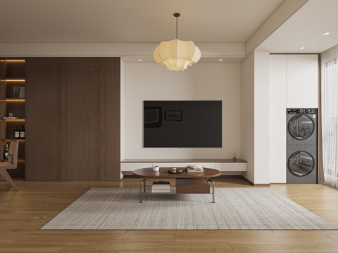  中古风简约原木客餐厅3d模型 