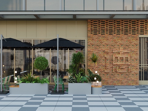 现代餐饮饭店 酒店 室外餐饮外摆 户外家具餐桌椅 绿植花箱种su模型