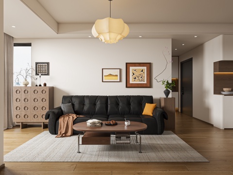  中古风简约原木客餐厅3d模型 