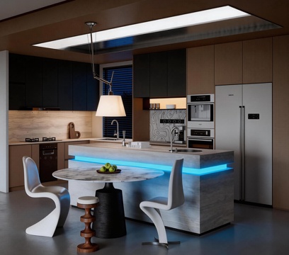 餐厅 开放式厨房 餐桌椅组合 橱柜su模型