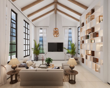  现代客厅 挑空客厅 别墅客厅3d模型 