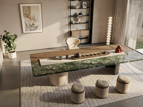 新中式茶室 茶桌椅组合 茶具 挂画su模型