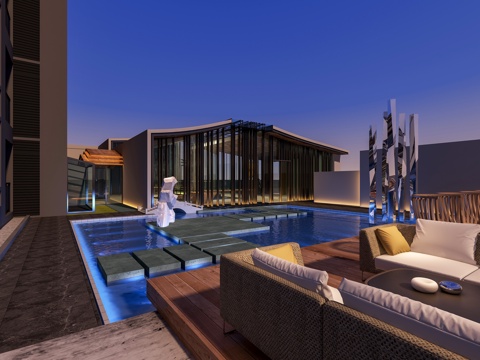  新中式屋顶花园 露天庭院3d模型 