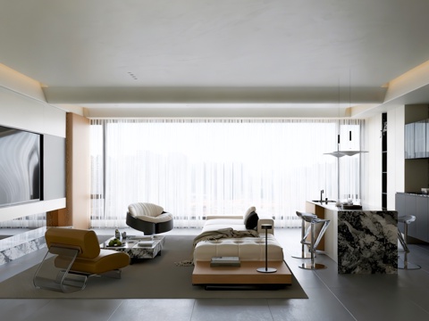  极简客厅 沙发茶几组后 单人沙发 水吧台3d模型 