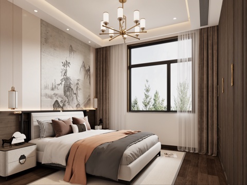  新中式卧室主卧 新中式床 新中式吊灯 新中式衣柜3d模型 