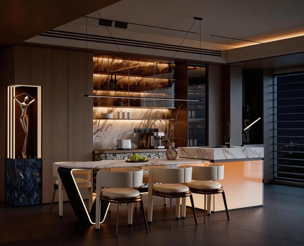 餐厅 开放式厨房 餐桌椅组合 橱柜su模型