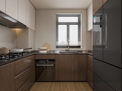  中古风原木简约厨房3d模型 