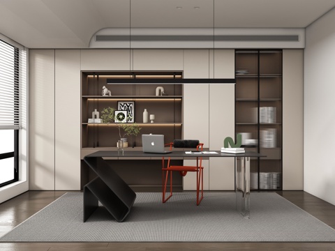 现代简约书房  书桌椅 书柜su模型