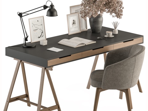  家庭办公黑木桌 - 办公家具3d模型 