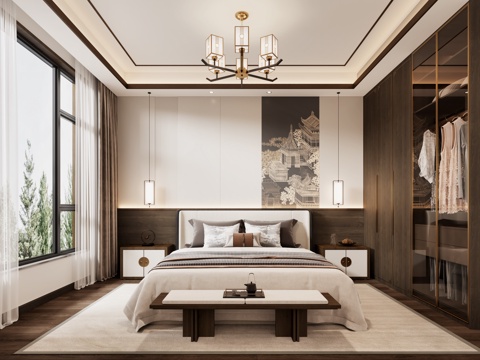  新中式卧室主卧 新中式床 新中式吊灯 新中式衣柜3d模型 
