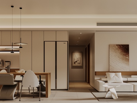  侘寂极简客餐厅 侘寂极简沙发背景3d模型 