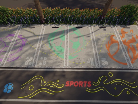 现代户外生态停车场运动涂鸦地面画线铺地体育公园停车场运动创意su模型