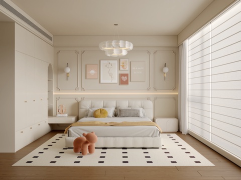  法式奶油风卧室3d模型 