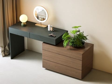 现代中古梳妆台 中古梳妆椅 化妆镜 化妆品摆件 奶油中古风梳su模型