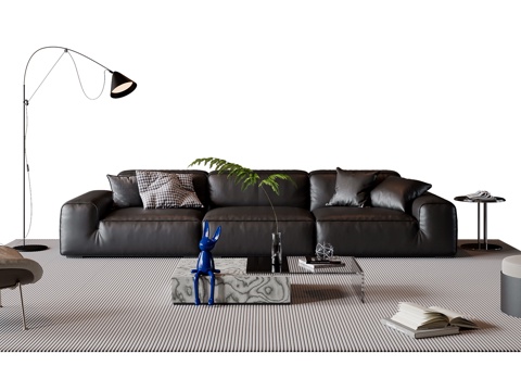 现代意式沙发茶几组合 三人沙发 休闲沙发 落地灯 地毯su模型