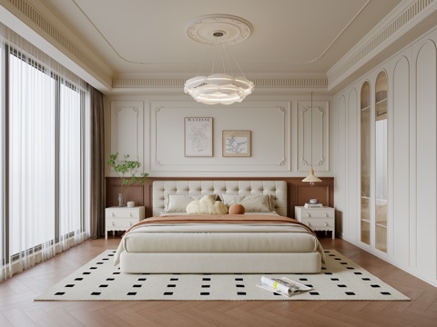 法式奶油风卧室 布艺双人床 床头柜 吊灯 挂画 地毯su模型