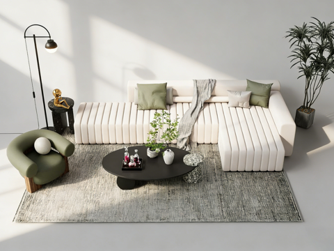 现代简约白色条纹布艺L型沙发 白色条纹沙发 绿色单椅 椭圆茶su模型