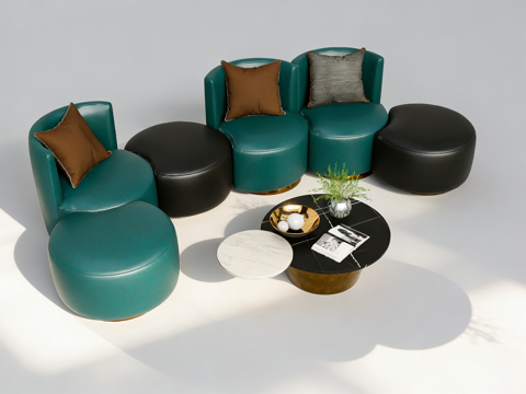 现代轻奢弧形单人沙发 蓝绿色皮质 休闲椅 墨绿色 金色底座su模型