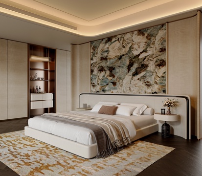  轻奢卧室 轻奢双人床  简约双人床   卧室背景墙 床头柜3d模型 