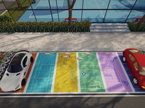 现代户外生态停车场运动涂鸦地面画线铺地体育公园停车场运动创意su模型