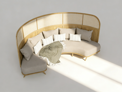 北欧风原木风 弧形编织沙发组合  条纹抱枕 流苏毯 慵懒风su模型