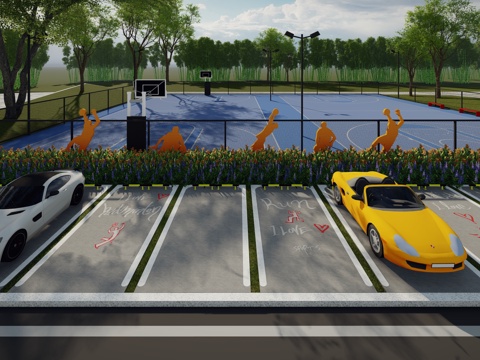 现代户外生态停车场运动涂鸦地面画线铺地体育公园停车场运动创意su模型